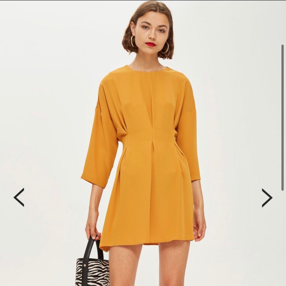 Topshop petite tuck seam minidress in Ochre